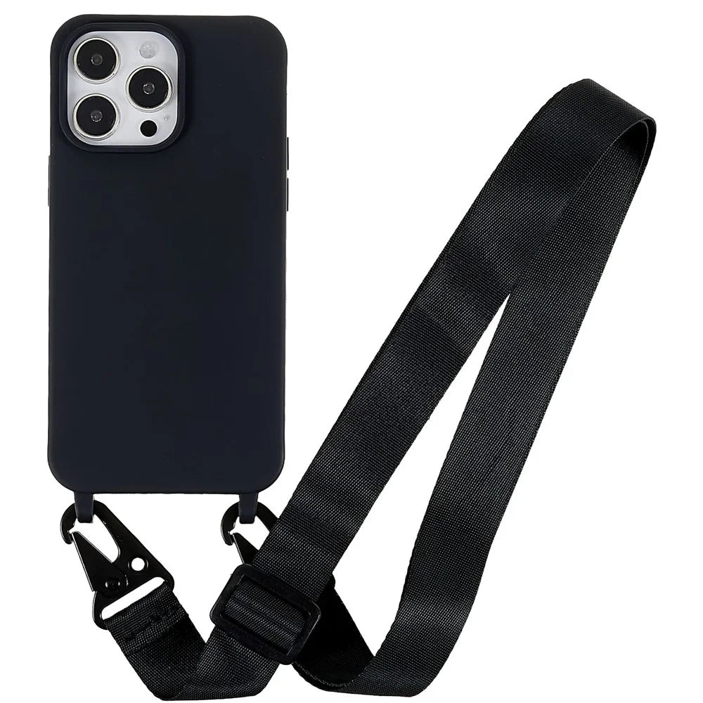 For iPhone 14 Pro Max 6.7 inch Anti-drop Soft TPU Matte Surface Phone Cover Protective Shell with Wide Lanyard - Black - 1