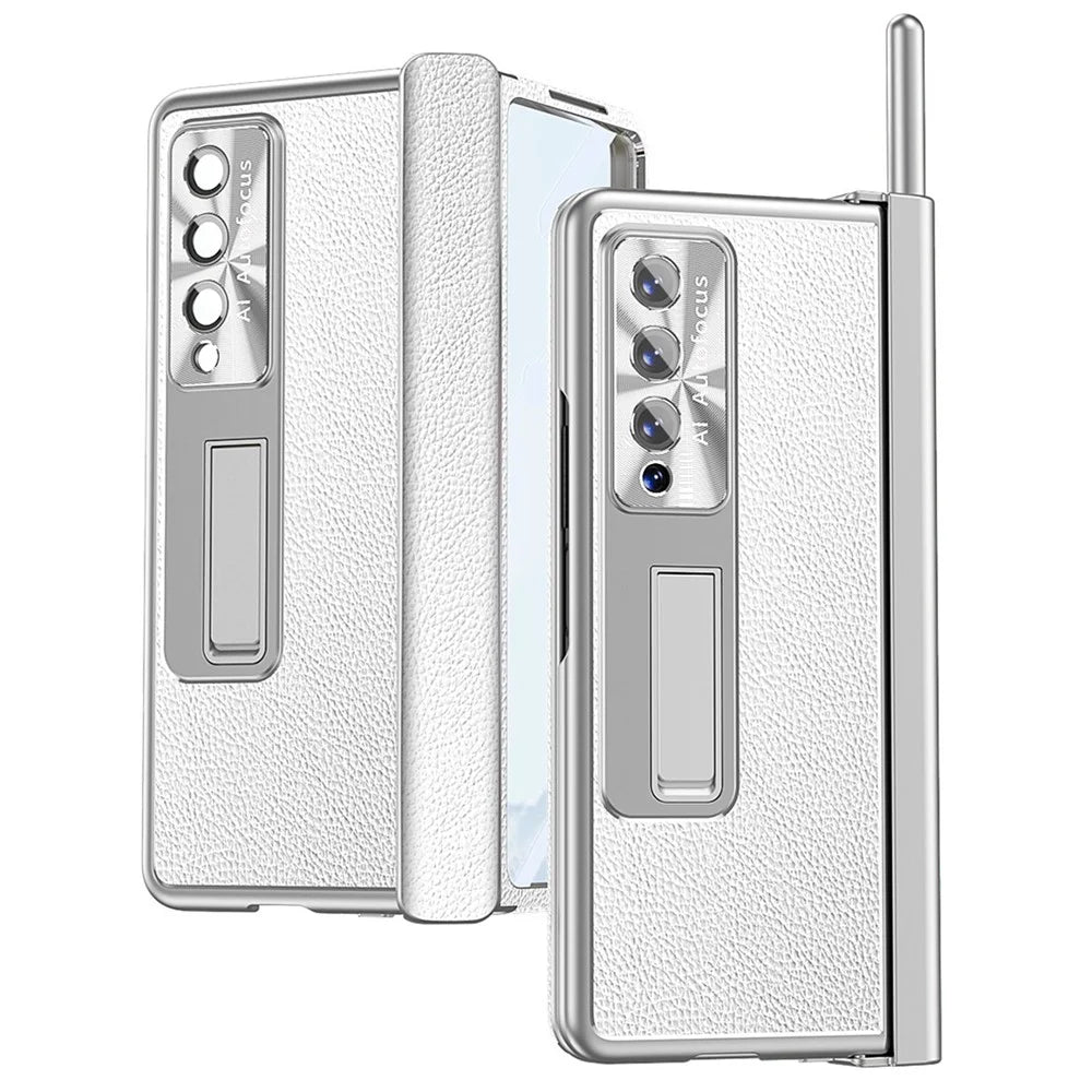 For Samsung Galaxy Z Fold4 5G Litchi Texture Double Hinge Leather Coated PC Phone Case with Tempered Glass Film and Stylus Pen - Silver - 1