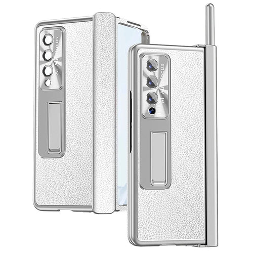 For Samsung Galaxy Z Fold4 5G Litchi Texture Double Hinge Leather Coated PC Phone Case with Tempered Glass Film and Stylus Pen - Silver - 1