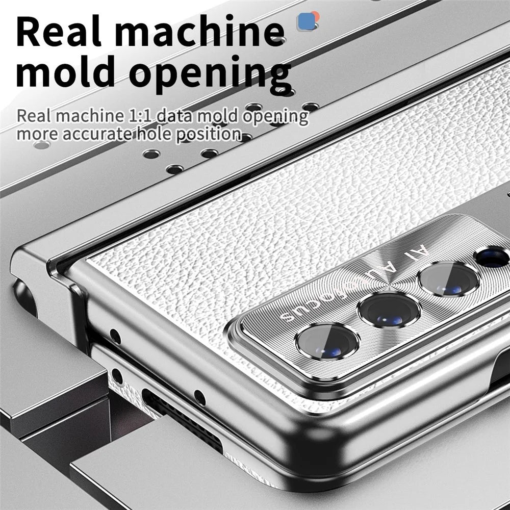 For Samsung Galaxy Z Fold4 5G Litchi Texture Double Hinge Leather Coated PC Phone Case with Tempered Glass Film and Stylus Pen - Silver - 2