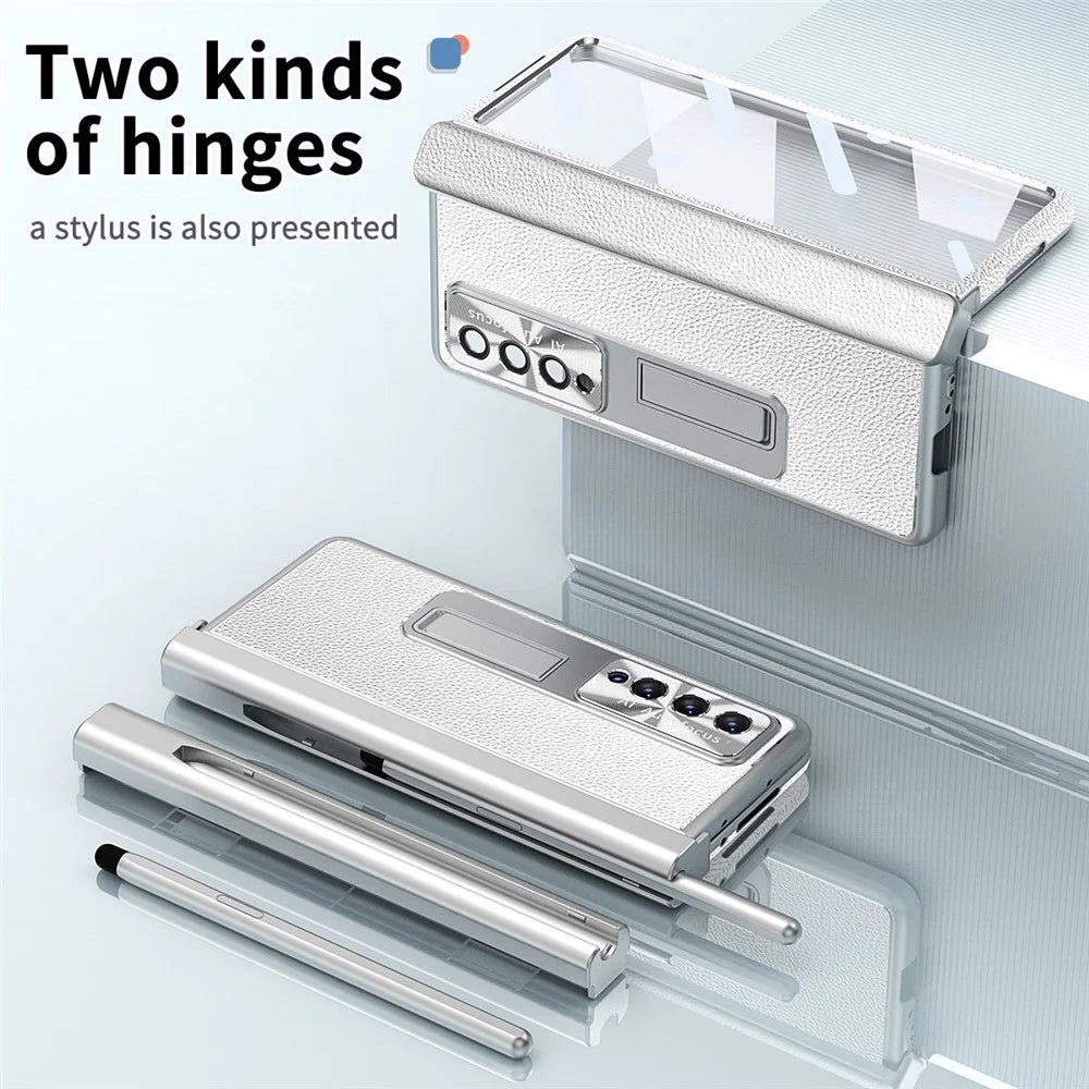 For Samsung Galaxy Z Fold4 5G Litchi Texture Double Hinge Leather Coated PC Phone Case with Tempered Glass Film and Stylus Pen - Silver - 3