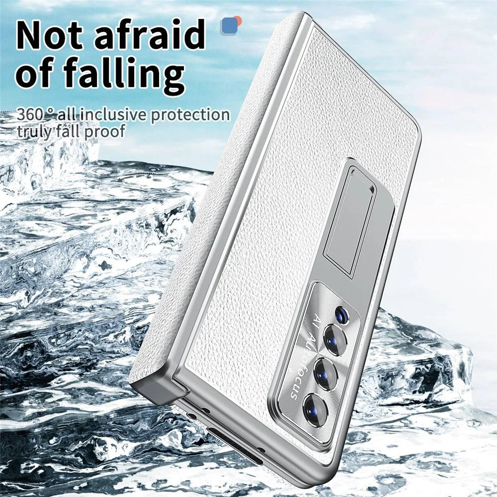 For Samsung Galaxy Z Fold4 5G Litchi Texture Double Hinge Leather Coated PC Phone Case with Tempered Glass Film and Stylus Pen - Silver - 4