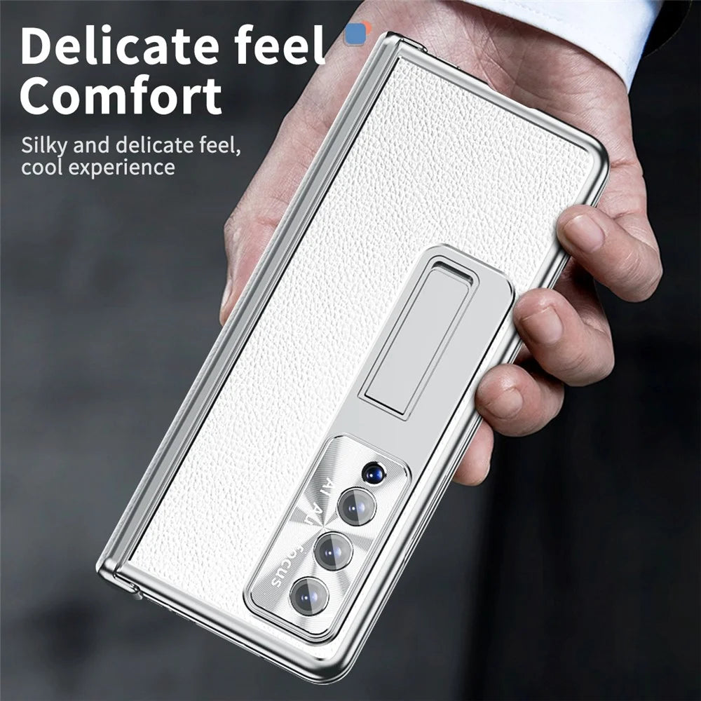 For Samsung Galaxy Z Fold4 5G Litchi Texture Double Hinge Leather Coated PC Phone Case with Tempered Glass Film and Stylus Pen - Silver - 5