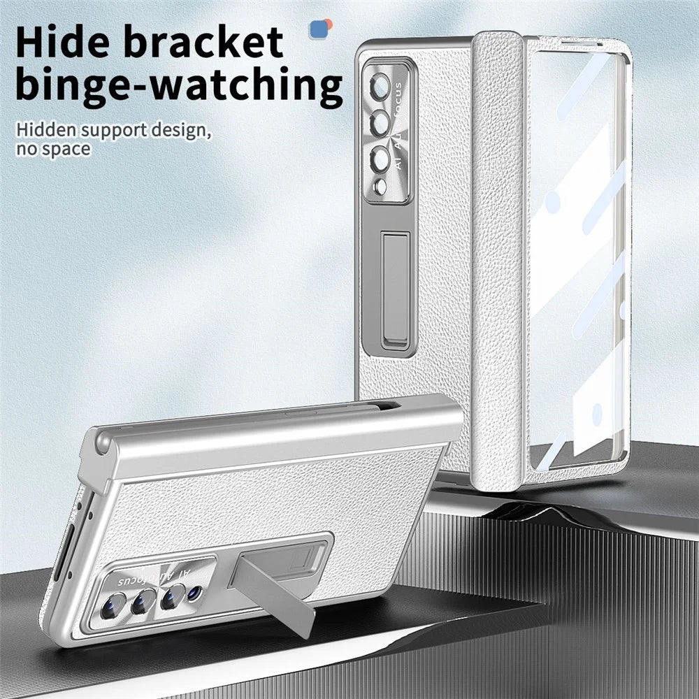 For Samsung Galaxy Z Fold4 5G Litchi Texture Double Hinge Leather Coated PC Phone Case with Tempered Glass Film and Stylus Pen - Silver - 6