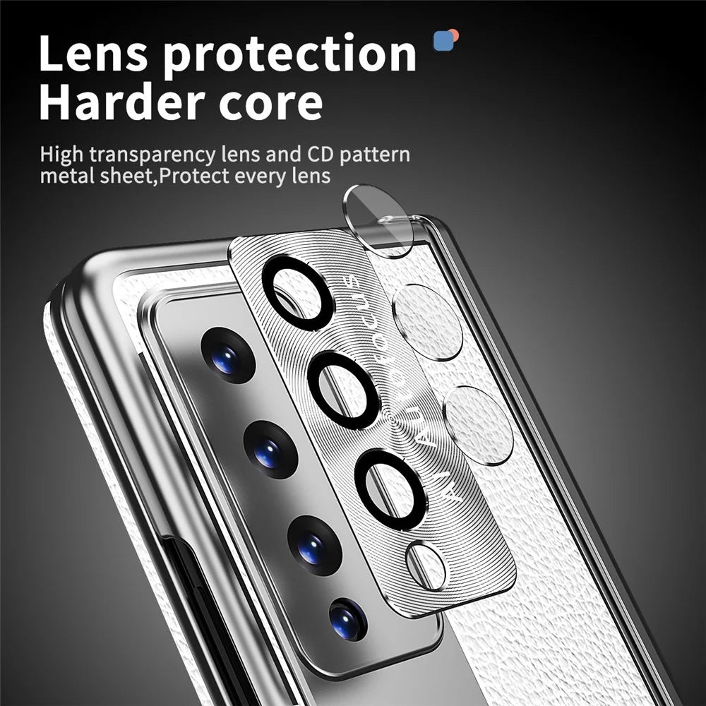 For Samsung Galaxy Z Fold4 5G Litchi Texture Double Hinge Leather Coated PC Phone Case with Tempered Glass Film and Stylus Pen - Silver - 7