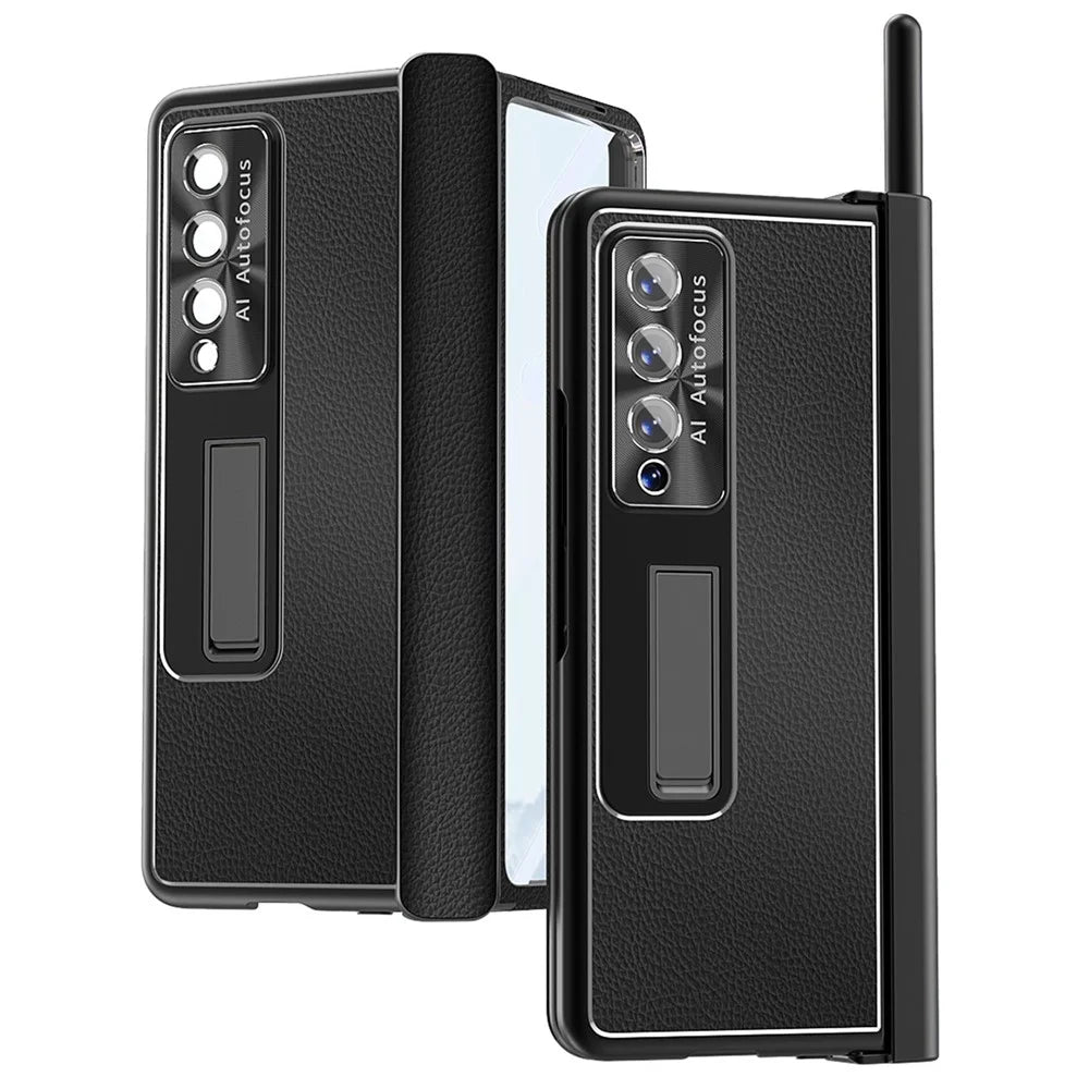 For Samsung Galaxy Z Fold3 5G Litchi Texture Phone Case Double Hinge Leather Coated PC Cover with Tempered Glass Film and Stylus Pen - Black - 1
