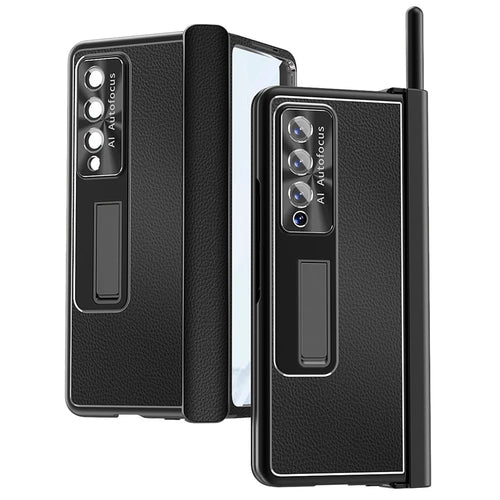 For Samsung Galaxy Z Fold3 5G Litchi Texture Phone Case Double Hinge Leather Coated PC Cover with Tempered Glass Film and Stylus Pen - Black - 1