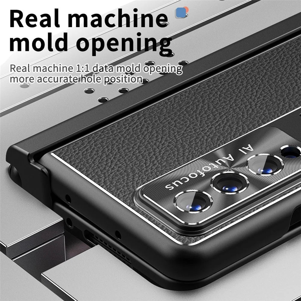 For Samsung Galaxy Z Fold3 5G Litchi Texture Phone Case Double Hinge Leather Coated PC Cover with Tempered Glass Film and Stylus Pen - Black - 2