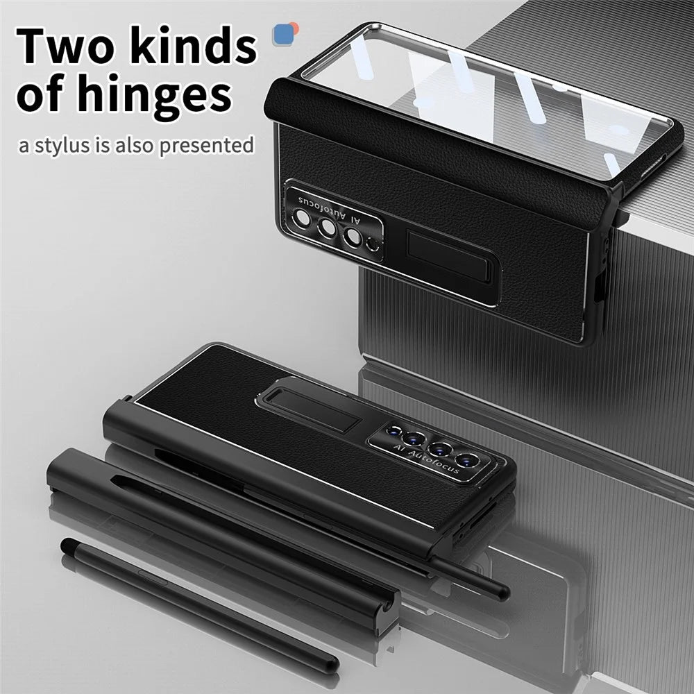 For Samsung Galaxy Z Fold3 5G Litchi Texture Phone Case Double Hinge Leather Coated PC Cover with Tempered Glass Film and Stylus Pen - Black - 3