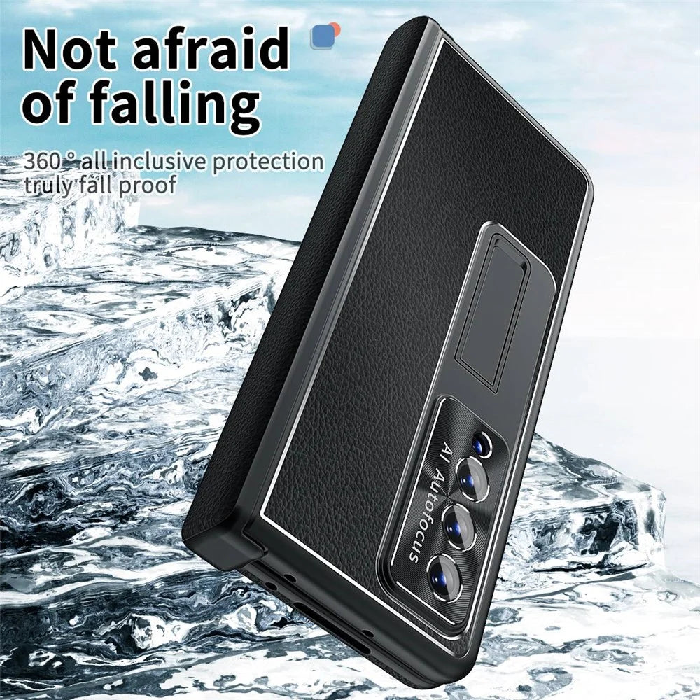 For Samsung Galaxy Z Fold3 5G Litchi Texture Phone Case Double Hinge Leather Coated PC Cover with Tempered Glass Film and Stylus Pen - Black - 4