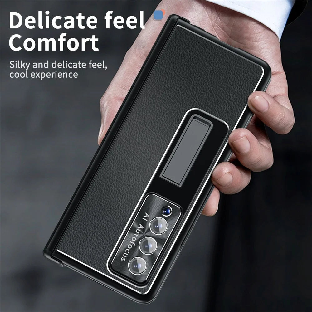 For Samsung Galaxy Z Fold3 5G Litchi Texture Phone Case Double Hinge Leather Coated PC Cover with Tempered Glass Film and Stylus Pen - Black - 5