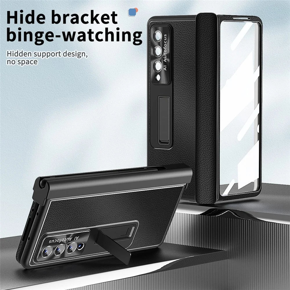 For Samsung Galaxy Z Fold3 5G Litchi Texture Phone Case Double Hinge Leather Coated PC Cover with Tempered Glass Film and Stylus Pen - Black - 6