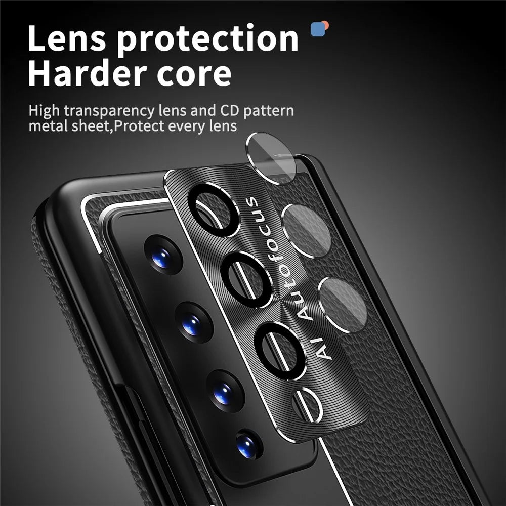 For Samsung Galaxy Z Fold3 5G Litchi Texture Phone Case Double Hinge Leather Coated PC Cover with Tempered Glass Film and Stylus Pen - Black - 7