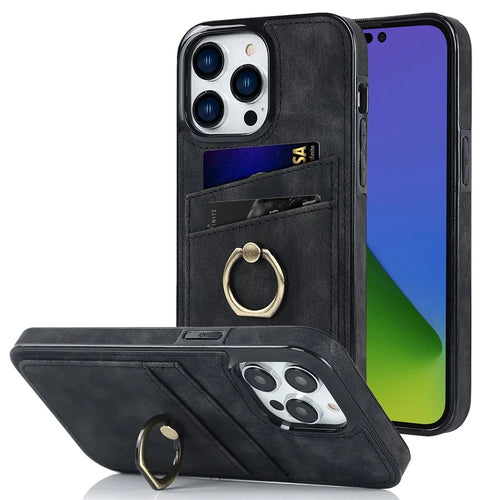 For iPhone 14 Pro 6.1 inch Retro Leather Coated TPU Phone Case Finger Ring Kickstand Design Card Slots Shockproof Cover - Black - 1