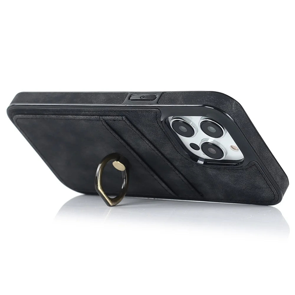 For iPhone 14 Pro 6.1 inch Retro Leather Coated TPU Phone Case Finger Ring Kickstand Design Card Slots Shockproof Cover - Black - 2