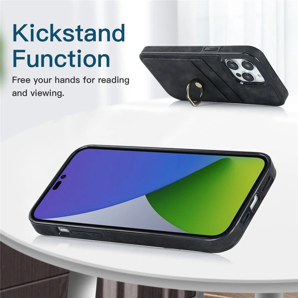 For iPhone 14 Pro 6.1 inch Retro Leather Coated TPU Phone Case Finger Ring Kickstand Design Card Slots Shockproof Cover - Black - 3