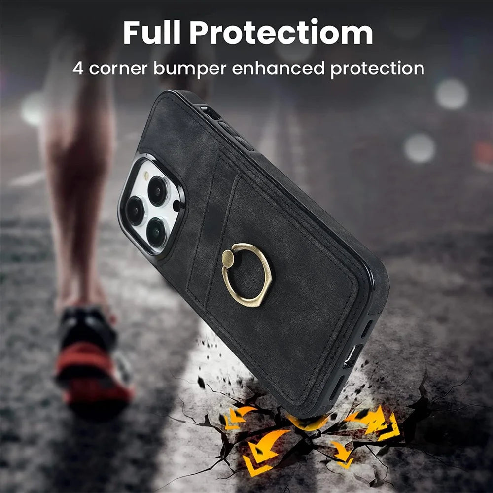 For iPhone 14 Pro 6.1 inch Retro Leather Coated TPU Phone Case Finger Ring Kickstand Design Card Slots Shockproof Cover - Black - 4