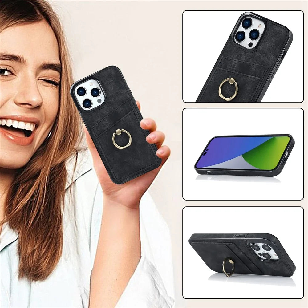 For iPhone 14 Pro 6.1 inch Retro Leather Coated TPU Phone Case Finger Ring Kickstand Design Card Slots Shockproof Cover - Black - 6