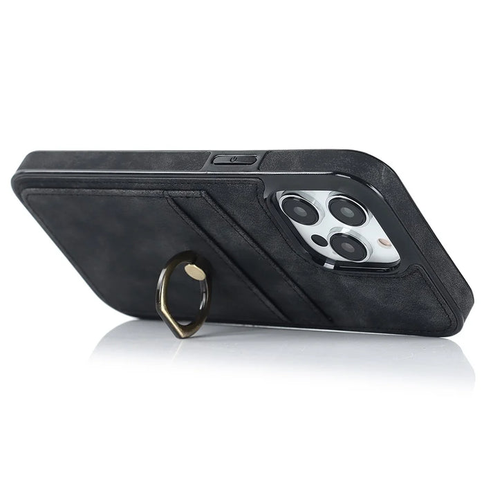 For iPhone 14 Pro Max 6.7 inch Retro Phone Case Leather Coated TPU Ring Holder Kickstand Feature Anti-fall Shell with Card Slots - Black - 2
