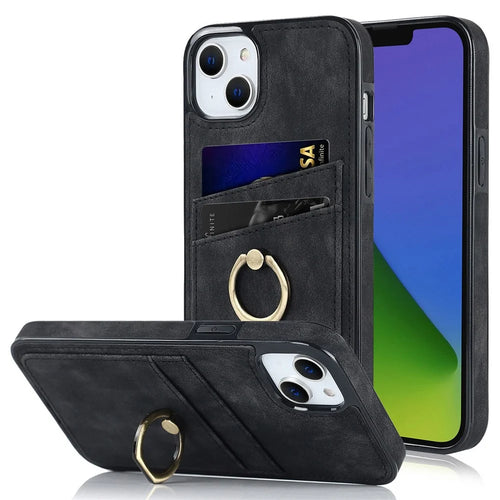 For iPhone 14 6.1 inch Retro Finger Ring Kickstand Design Leather Coated TPU Phone Case Card Slots Back Cover - Black - 1