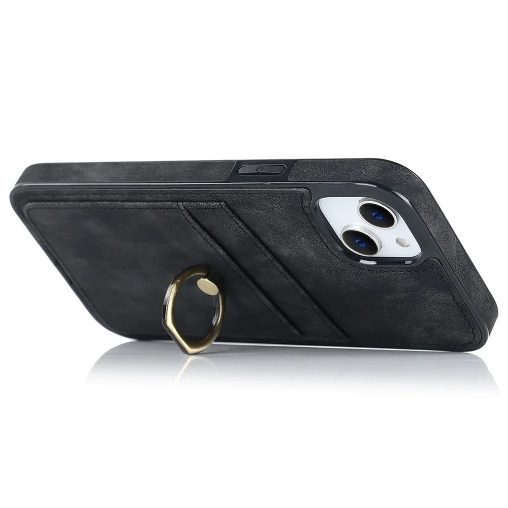 For iPhone 14 6.1 inch Retro Finger Ring Kickstand Design Leather Coated TPU Phone Case Card Slots Back Cover - Black - 2