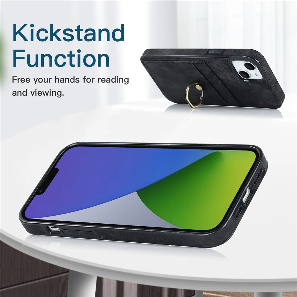 For iPhone 14 6.1 inch Retro Finger Ring Kickstand Design Leather Coated TPU Phone Case Card Slots Back Cover - Black - 3