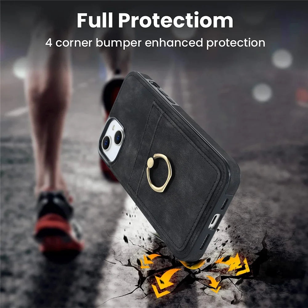 For iPhone 14 6.1 inch Retro Finger Ring Kickstand Design Leather Coated TPU Phone Case Card Slots Back Cover - Black - 4