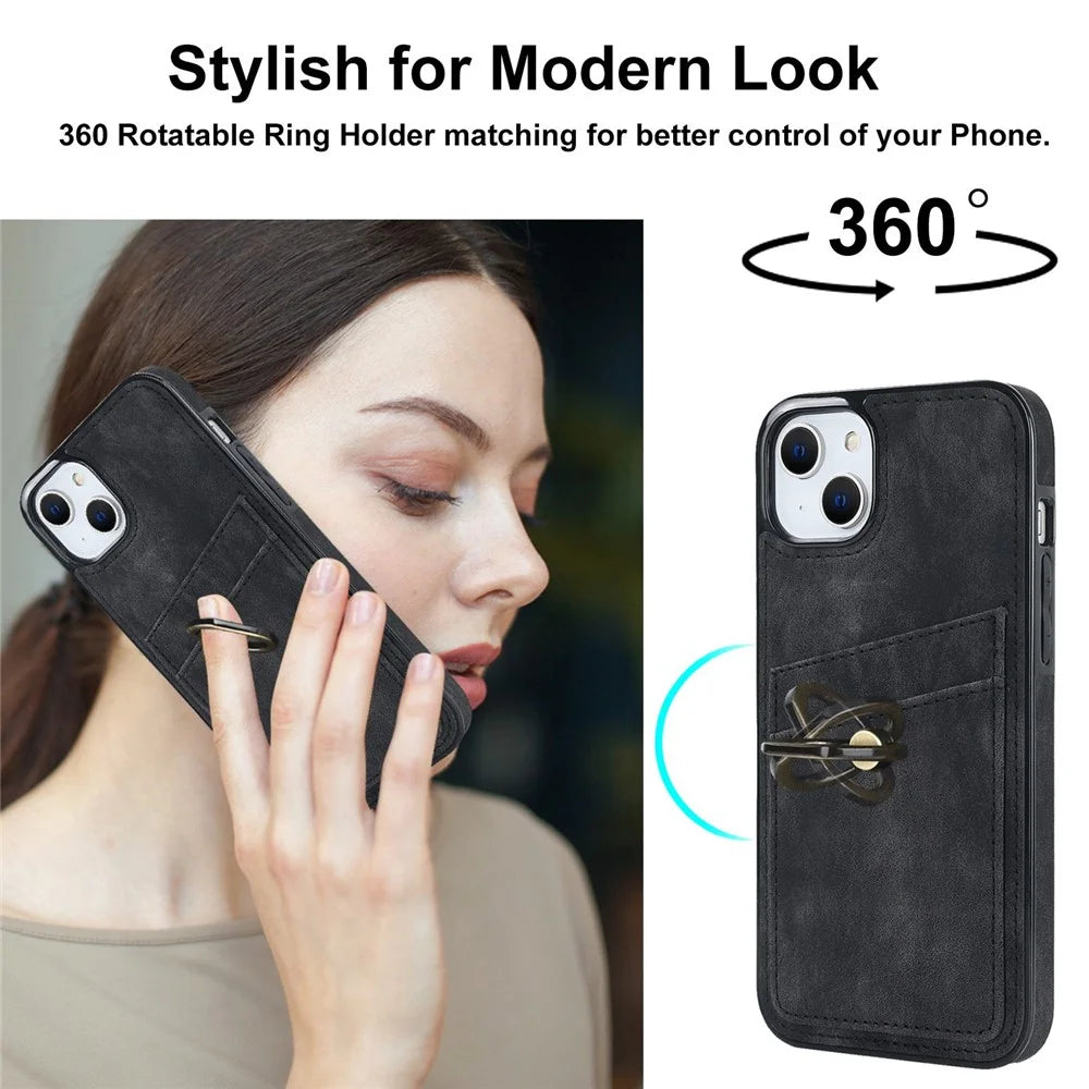 For iPhone 14 6.1 inch Retro Finger Ring Kickstand Design Leather Coated TPU Phone Case Card Slots Back Cover - Black - 5
