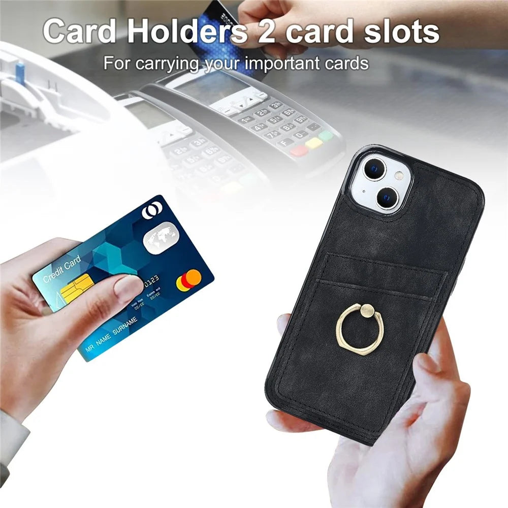 For iPhone 14 6.1 inch Retro Finger Ring Kickstand Design Leather Coated TPU Phone Case Card Slots Back Cover - Black - 6