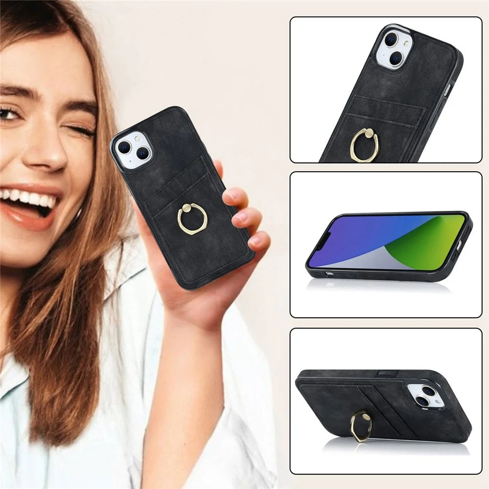 For iPhone 14 6.1 inch Retro Finger Ring Kickstand Design Leather Coated TPU Phone Case Card Slots Back Cover - Black - 7