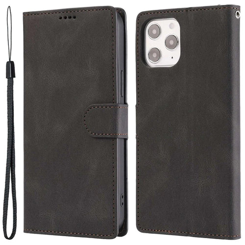 For iPhone 14 Pro 6.1 inch PU Leather Drop-proof Phone Case Wallet Stand Protective Cover with Strap - Black - 1