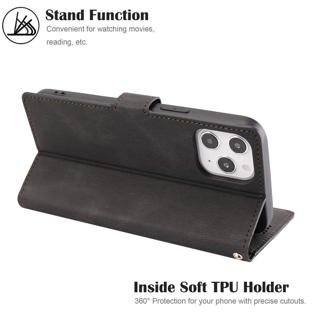 For iPhone 14 Pro 6.1 inch PU Leather Drop-proof Phone Case Wallet Stand Protective Cover with Strap - Black - 4