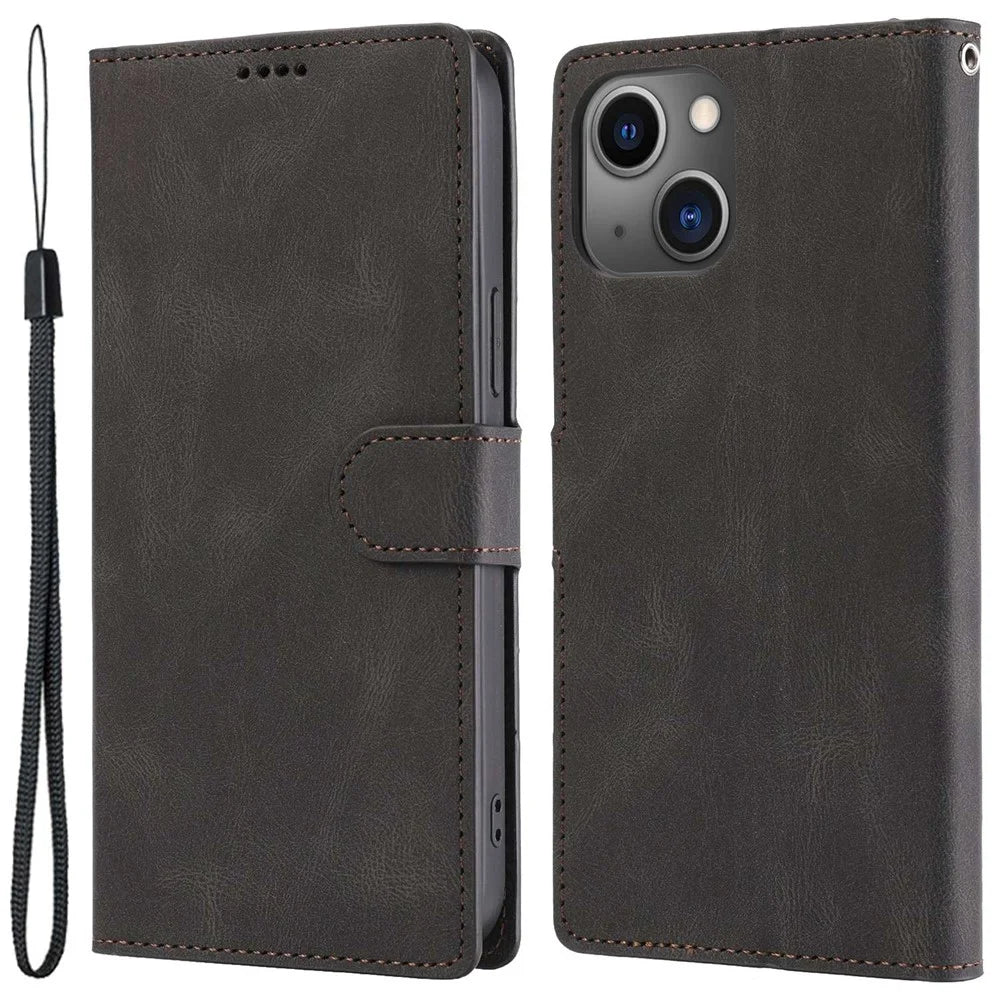 For iPhone 14 Plus PU Leather Full Protection Phone Wallet Case Flip Stand Protective Cover with Strap - Black - 1