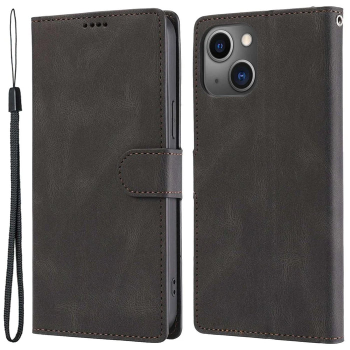 For iPhone 14 Plus PU Leather Full Protection Phone Wallet Case Flip Stand Protective Cover with Strap - Black - 1