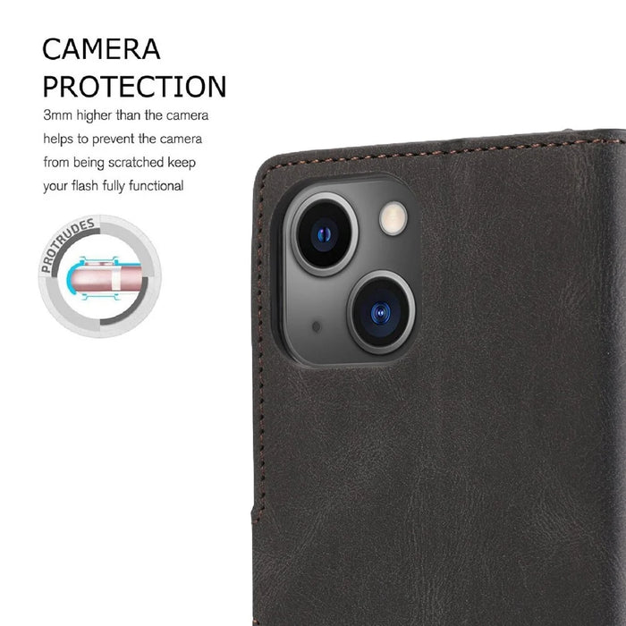 For iPhone 14 Plus PU Leather Full Protection Phone Wallet Case Flip Stand Protective Cover with Strap - Black - 6