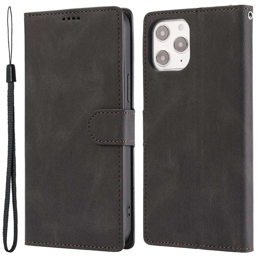 For iPhone 14 Pro Max 6.7 inch PU Leather Wallet Function Phone Shockproof Case Anti-drop Stand Cover with Strap - Black - 1