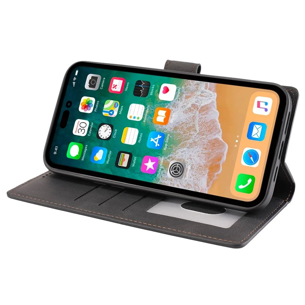 For iPhone 14 Pro Max 6.7 inch PU Leather Wallet Function Phone Shockproof Case Anti-drop Stand Cover with Strap - Black - 3