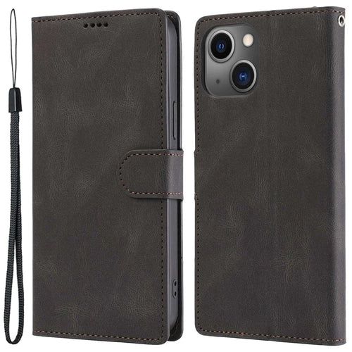 For iPhone 14 6.1 inch PU Leather Magnetic Clasp Phone Case Wallet Stand Drop-proof Cover with Strap - Black - 1