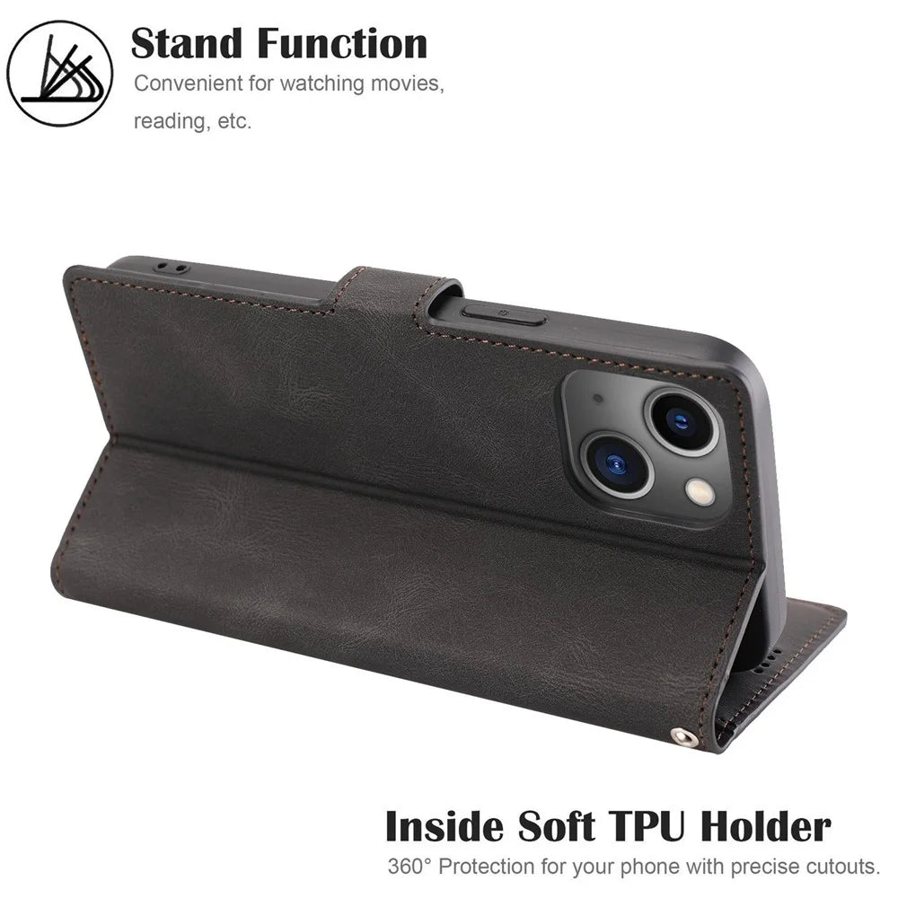 For iPhone 14 6.1 inch PU Leather Magnetic Clasp Phone Case Wallet Stand Drop-proof Cover with Strap - Black - 4