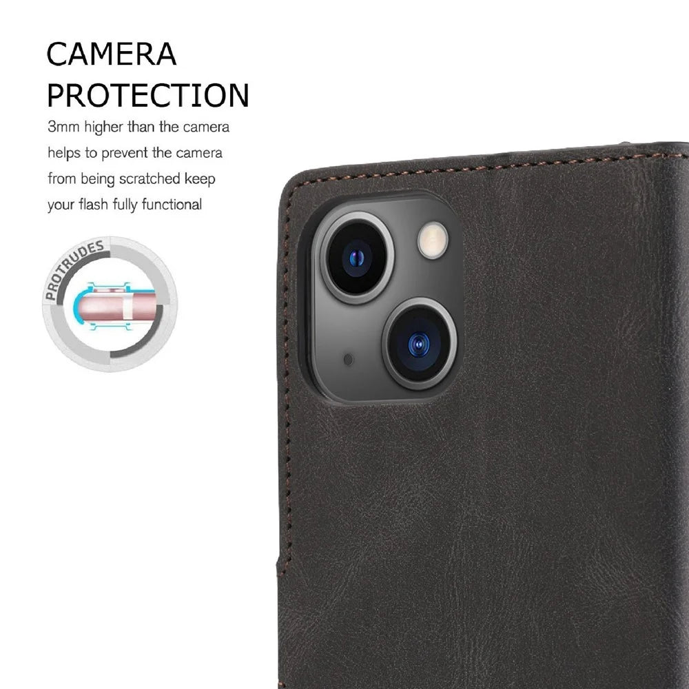 For iPhone 14 6.1 inch PU Leather Magnetic Clasp Phone Case Wallet Stand Drop-proof Cover with Strap - Black - 6