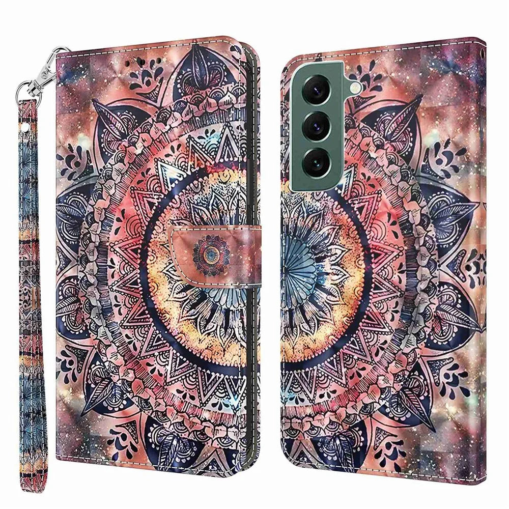 Flip Wallet Phone Case For Samsung Galaxy S22 5G, Drop-proof PU Leather 3D Pattern Printing Stand Magnetic Closure Cover with Strap -  Colorful Mandalas - 1