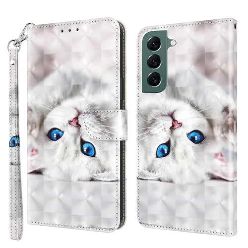 Phone Case For Samsung Galaxy S22+ 5G, Wallet Stand Style 3D Pattern Printing PU Leather + TPU Magnetic Shell with Strap - White Cat - 1