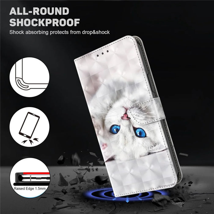 Phone Case For Samsung Galaxy S22+ 5G, Wallet Stand Style 3D Pattern Printing PU Leather + TPU Magnetic Shell with Strap - White Cat - 5