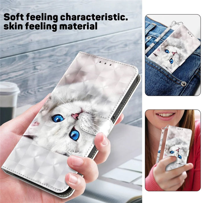 Phone Case For Samsung Galaxy S22+ 5G, Wallet Stand Style 3D Pattern Printing PU Leather + TPU Magnetic Shell with Strap - White Cat - 6