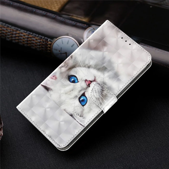 Phone Case For Samsung Galaxy S22+ 5G, Wallet Stand Style 3D Pattern Printing PU Leather + TPU Magnetic Shell with Strap - White Cat - 7