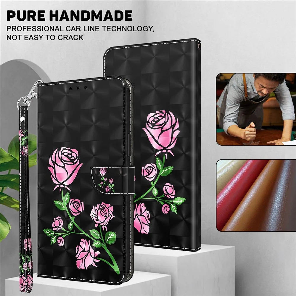 For Samsung Galaxy A33 5G 3D Pattern Printing Shockproof Phone Case Wallet Stand PU Leather Anti-scratch Phone Cover - Rose - 4