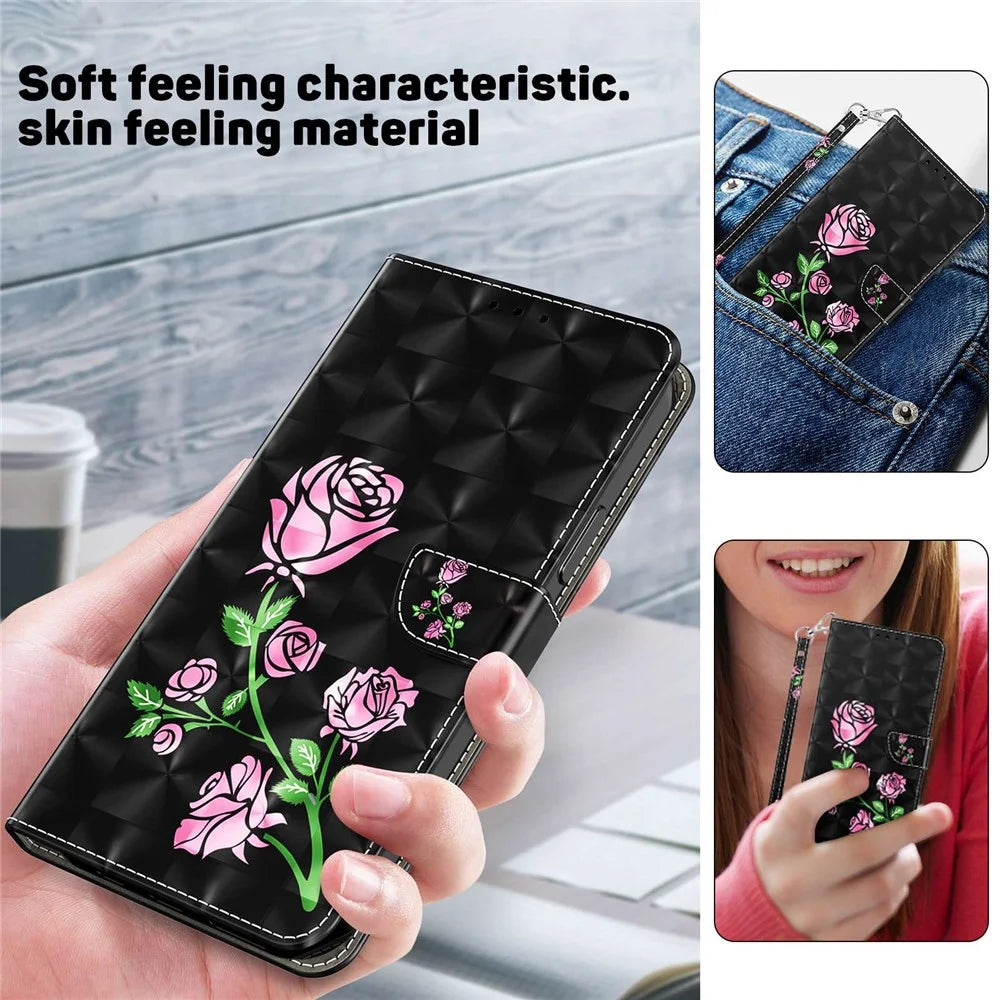 For Samsung Galaxy A33 5G 3D Pattern Printing Shockproof Phone Case Wallet Stand PU Leather Anti-scratch Phone Cover - Rose - 6