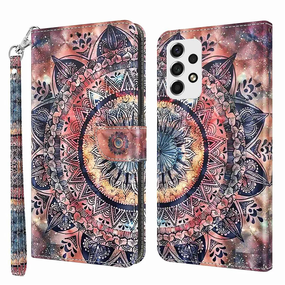 For Samsung Galaxy A53 5G 3D Anti-scratch Pattern Printing Phone Case PU Leather Magnetic Clasp Wallet Stand Flip Cover with Strap - Colorful Mandalas - 1