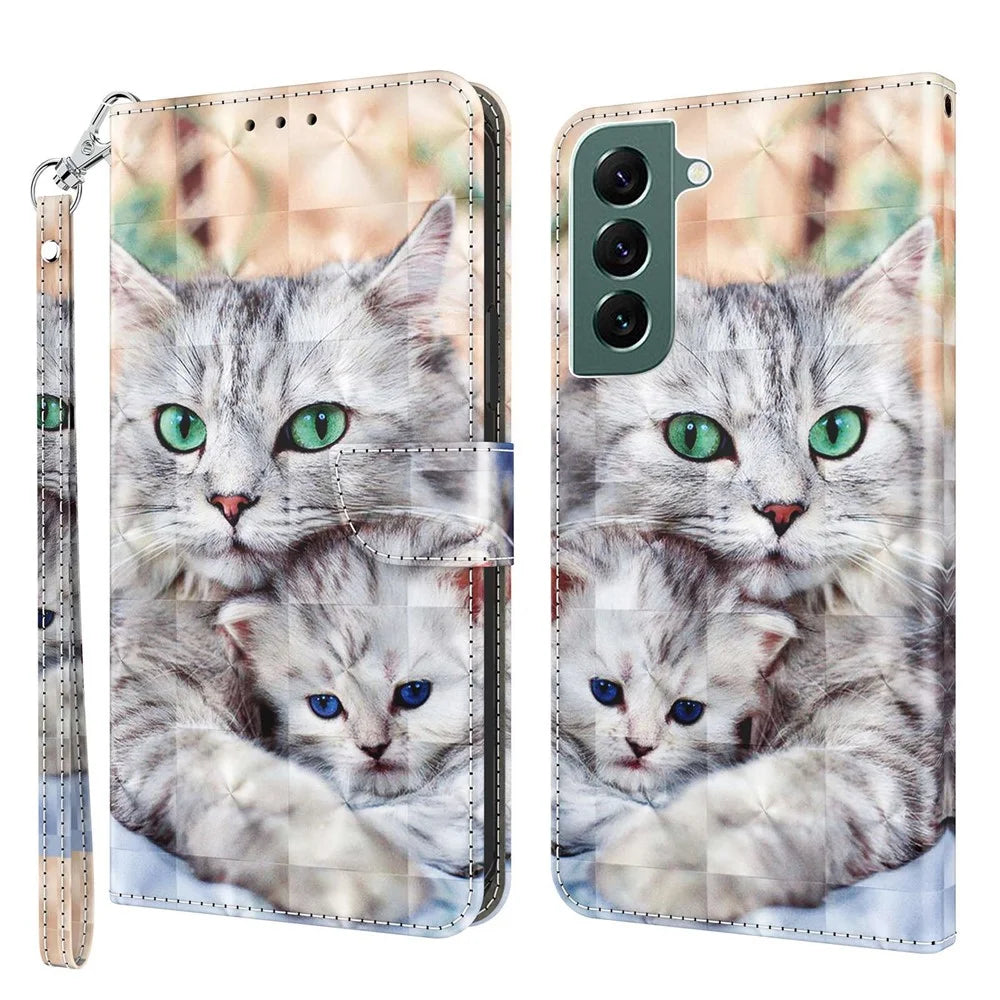 Wallet Phone Case for Samsung Galaxy S21 FE 5G, 3D Creative Pattern Printing PU Leather Stand Feature Flip Cover with Wrist Strap - Two Cats - 1