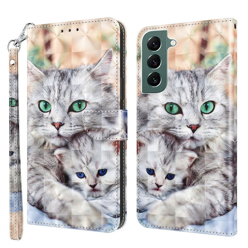 Wallet Phone Case for Samsung Galaxy S21 FE 5G, 3D Creative Pattern Printing PU Leather Stand Feature Flip Cover with Wrist Strap - Two Cats - 1